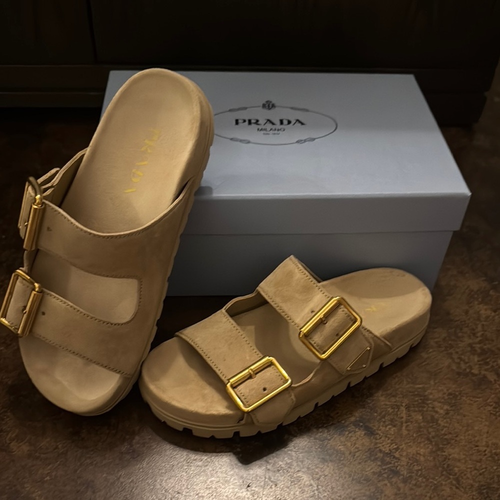 Prada Beige Sandals with Gold Accents